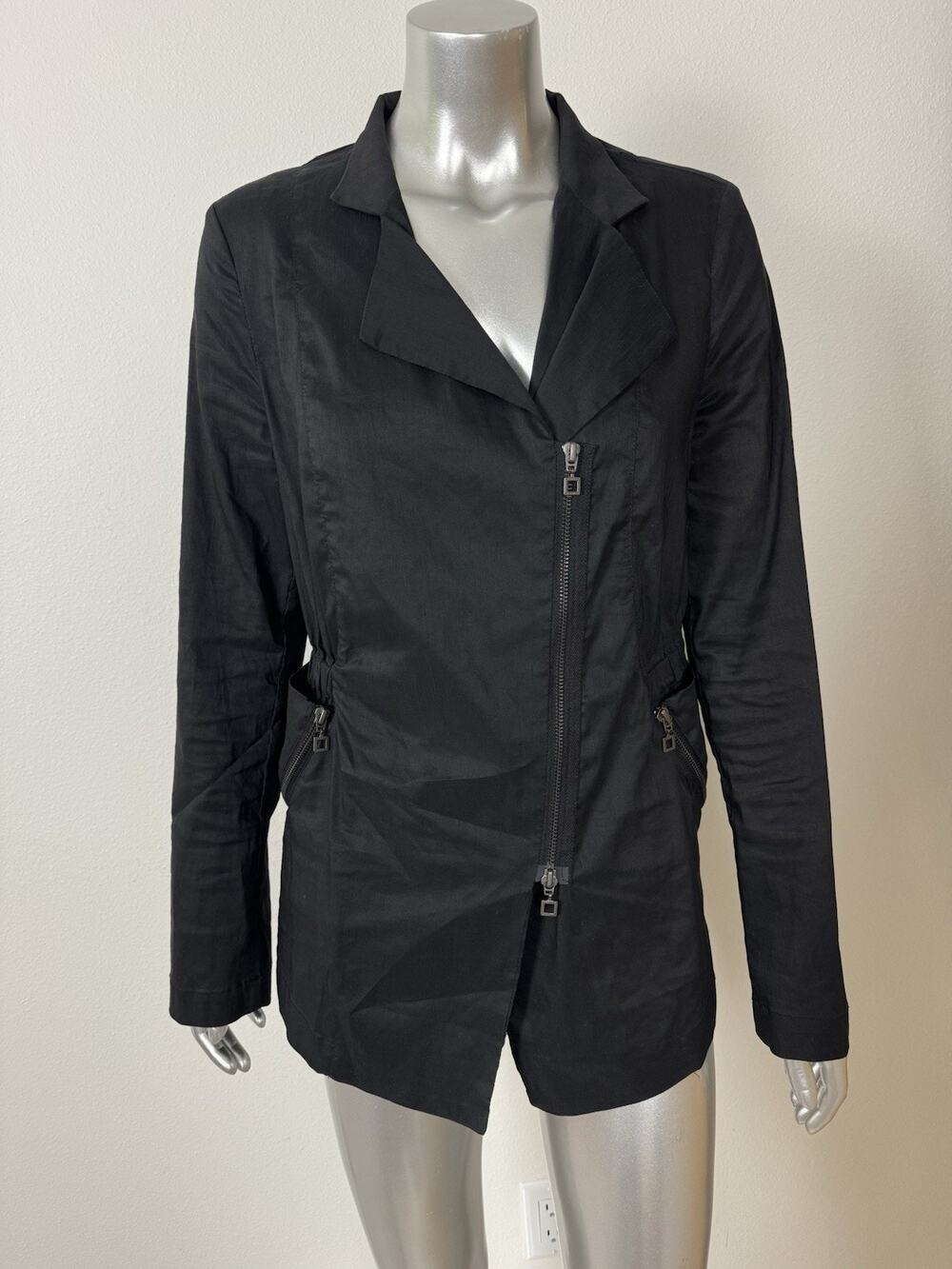 Sarah Pacini Stretch Linen Jacket Italy Black Asymmetrical Zip Size 2 Medium